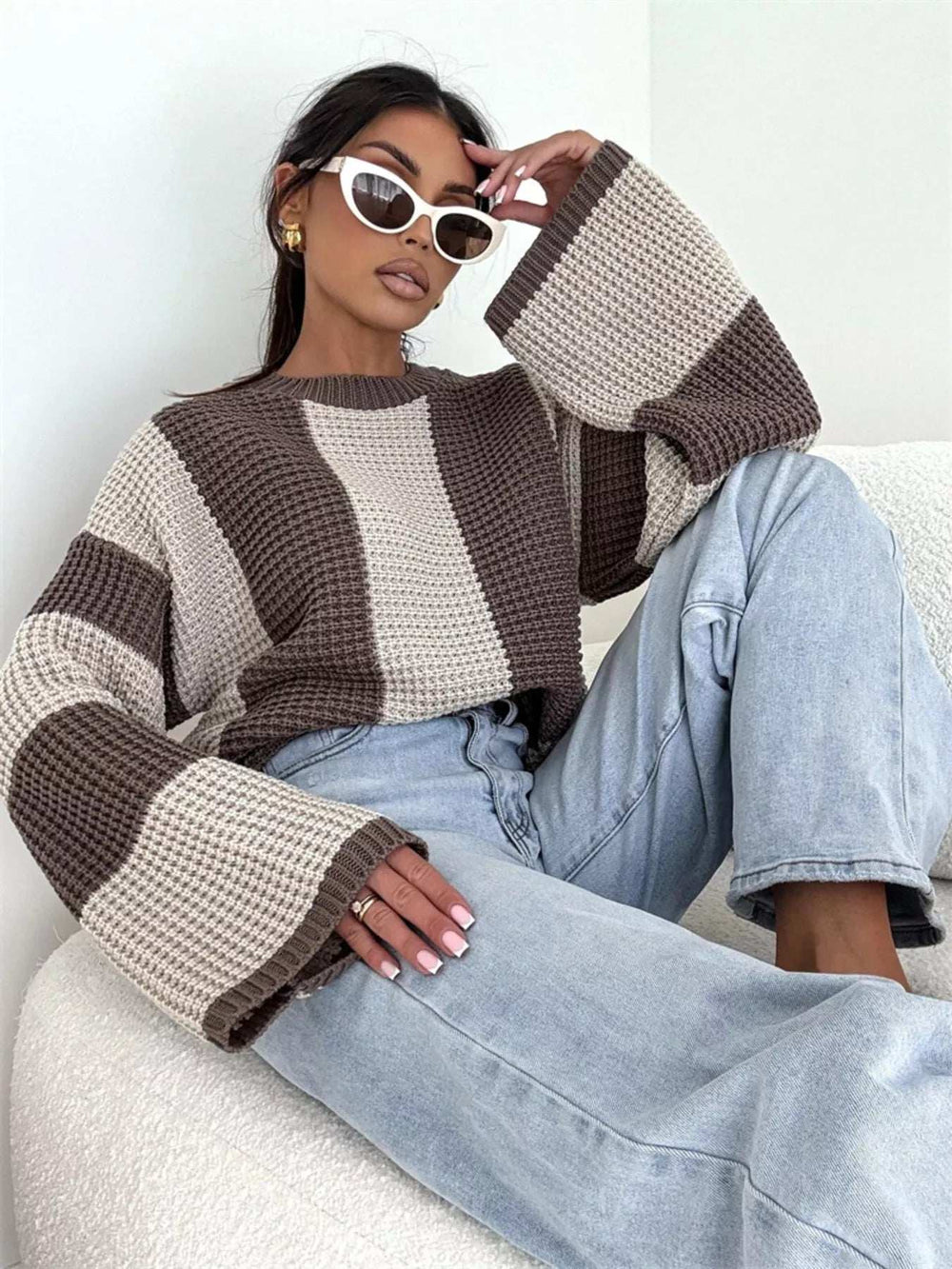 Color Block Long Sleeve Sweater - Trendsi - Flyclothing LLC