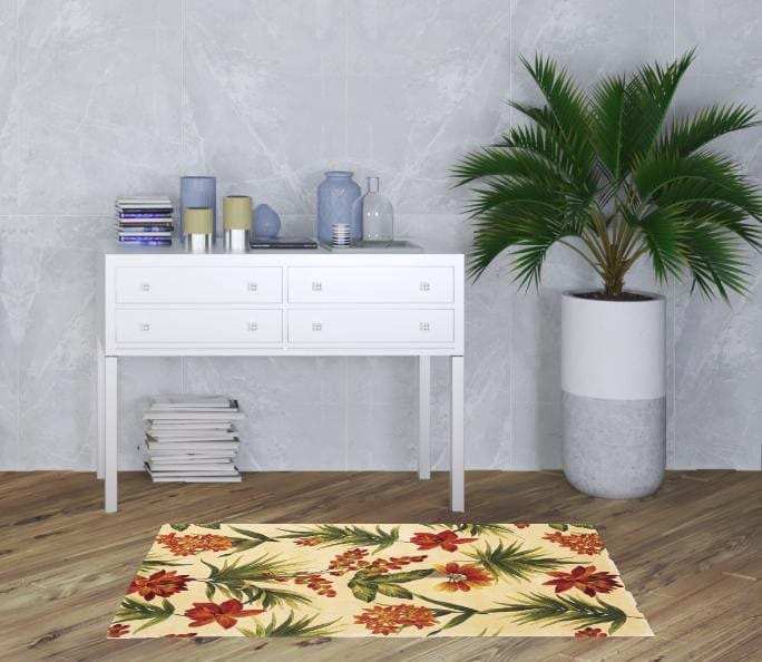3' X 5' Ivory Green and Orange Wool Tropical Floral Handmade Area Rug - Homeroots - Flyclothing LLC