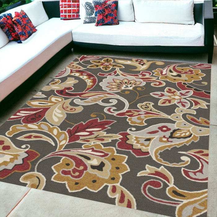 5' X 8' Taupe Floral Handmade Indoor Outdoor Area Rug - Homeroots - Flyclothing LLC
