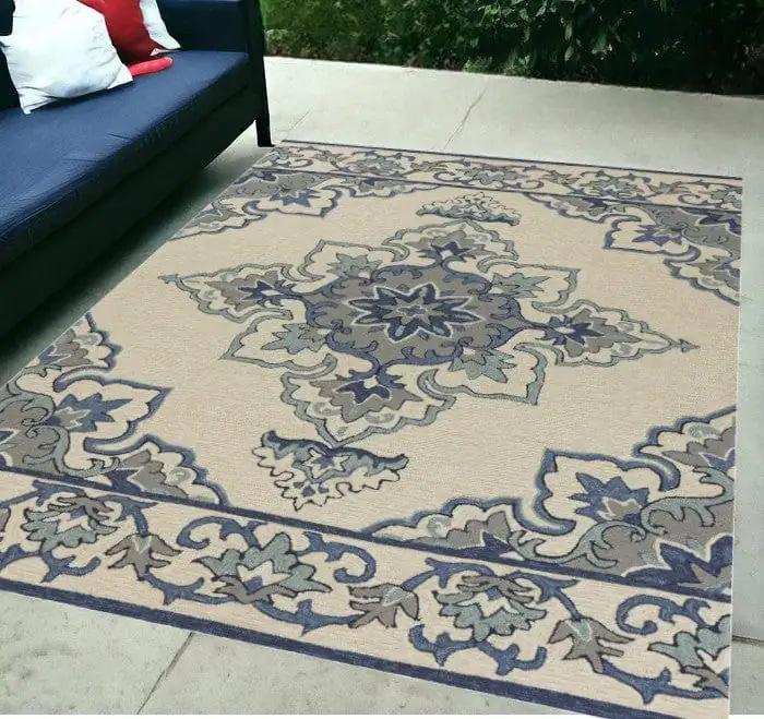 5' X 8' Ivory and Blue Damask Handmade Indoor Outdoor Area Rug - Homeroots - Flyclothing LLC