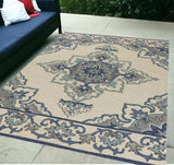 5' X 8' Ivory and Blue Damask Handmade Indoor Outdoor Area Rug - Homeroots - Flyclothing LLC