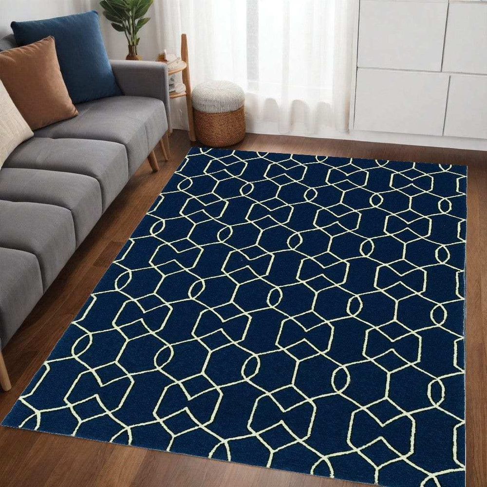5' X 7' Navy Blue Geometric Hand Hooked Area Rug - Homeroots - Flyclothing LLC