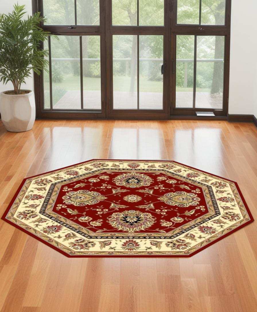 7' Red and Ivory Floral Octagon Rug - Homeroots - Flyclothing LLC