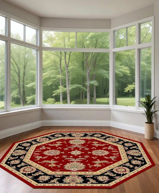 7' Octagon Red Or Black Floral Vines Bordered Indoor Area Rug - Homeroots - Flyclothing LLC