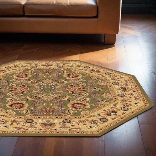 7' Octagon Green Or Taupe Floral Bordered Indoor Area Rug - Homeroots - Flyclothing LLC