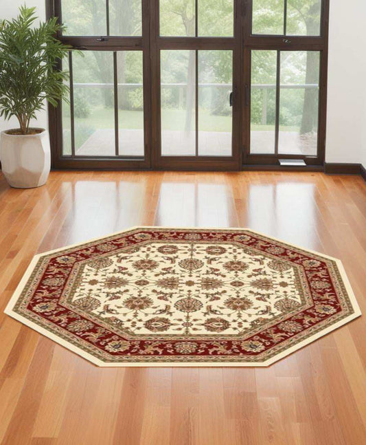 7' Octagon Ivory Or Red Floral Vines Bordered Indoor Area Rug - Homeroots - Flyclothing LLC
