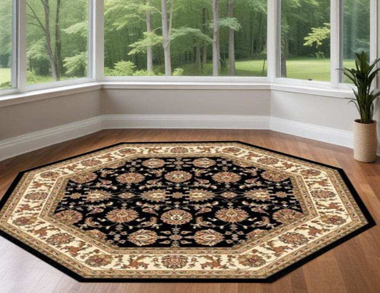 7' Octagon Black Or Ivory Floral Vines Bordered Indoor Area Rug - Homeroots - Flyclothing LLC
