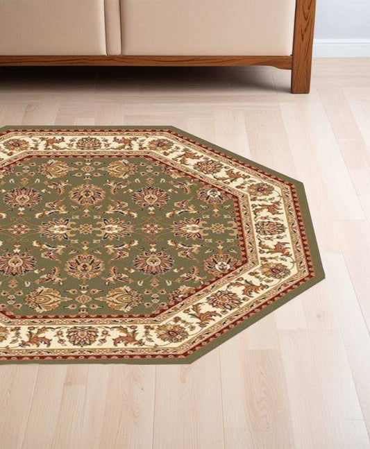 7' Octagon Green Or Ivory Floral Vines Bordered Indoor Area Rug - Homeroots - Flyclothing LLC
