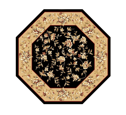 7' Octagon Black Or Beige Floral Bordered Indoor Area Rug - Homeroots - Flyclothing LLC