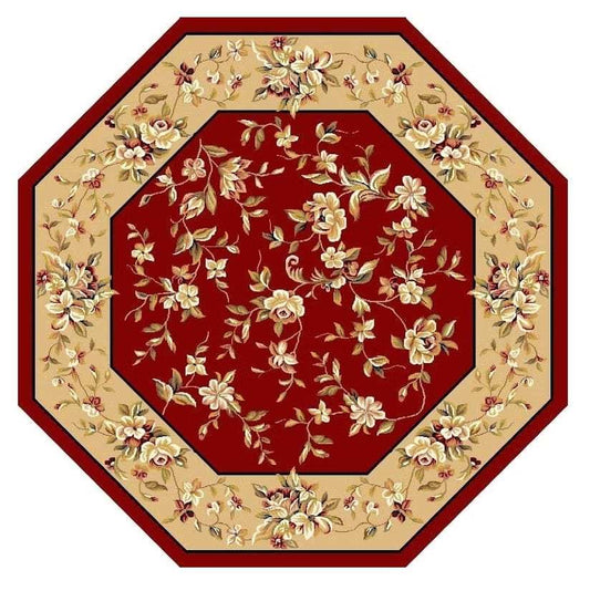 7' Octagon Red Or Beige Floral Bordered Indoor Area Rug - Homeroots - Flyclothing LLC