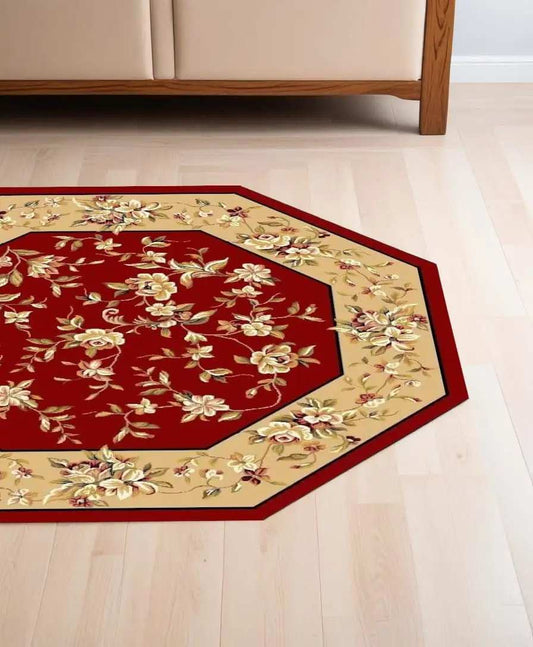 7' Octagon Red Or Beige Floral Bordered Indoor Area Rug - Homeroots - Flyclothing LLC