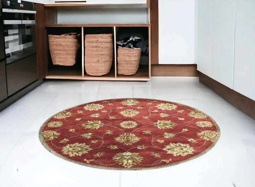 5' Round Red Floral Vine Wool Indoor Area Rug - Homeroots - Flyclothing LLC