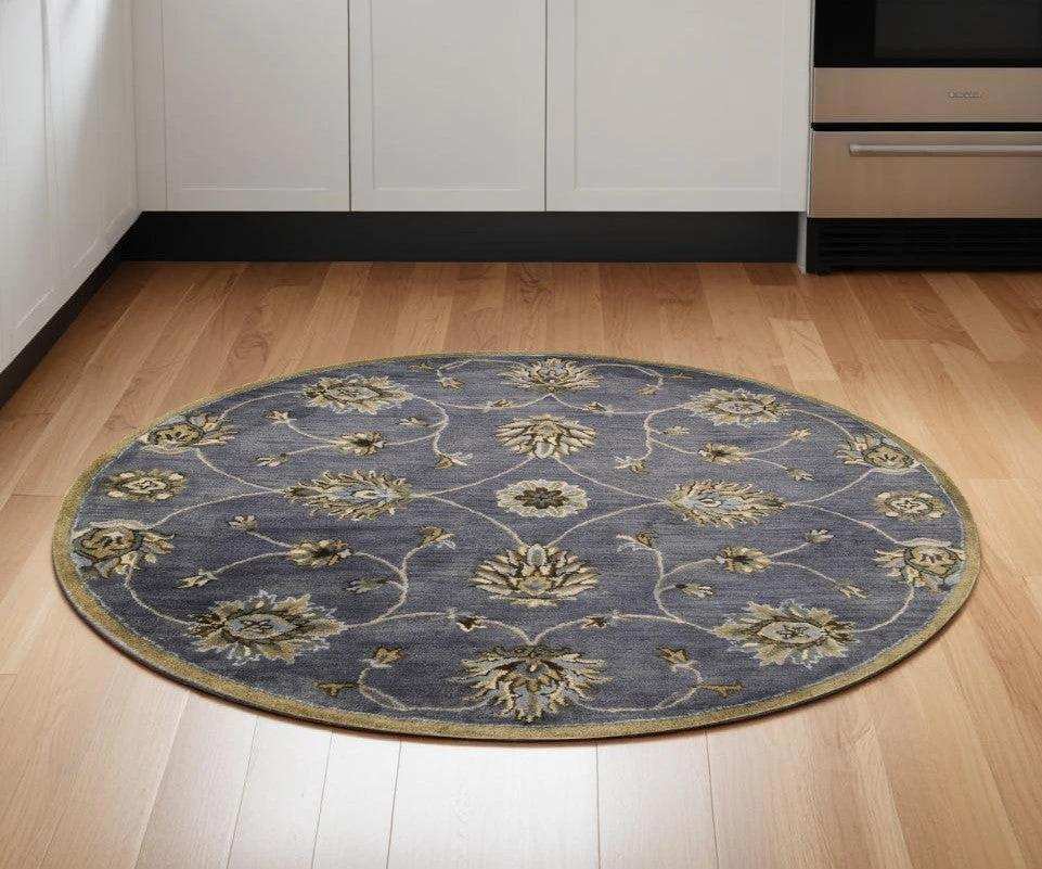 6' Midnight Blue Hand Tufted Traditional Round Indoor Area Rug - Homeroots - Flyclothing LLC