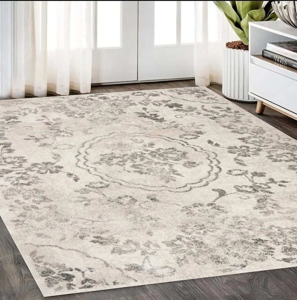 5' X 8' Grey Machine Woven Distressed Floral Medallion Indoor Area Rug - Homeroots - Flyclothing LLC