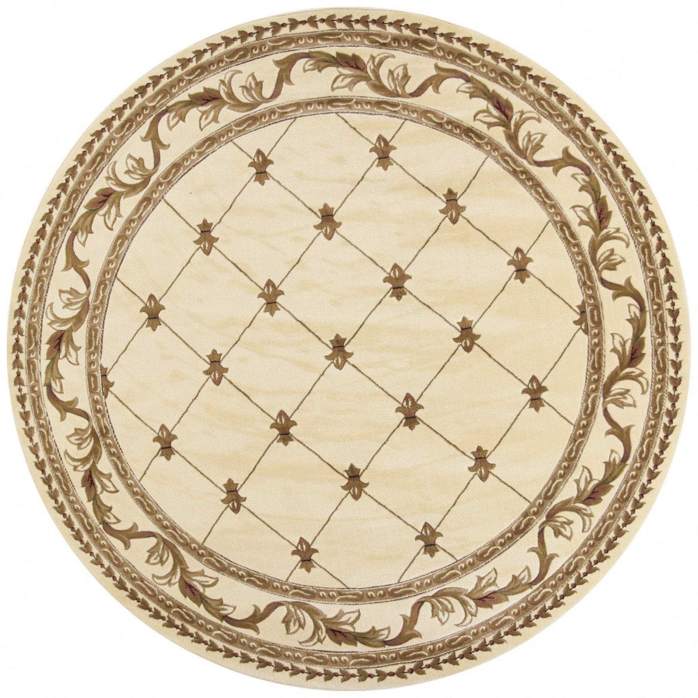 8' Ivory Machine Woven Hand Carved Fleur De Lis Round Indoor Area Rug - Homeroots - Flyclothing LLC