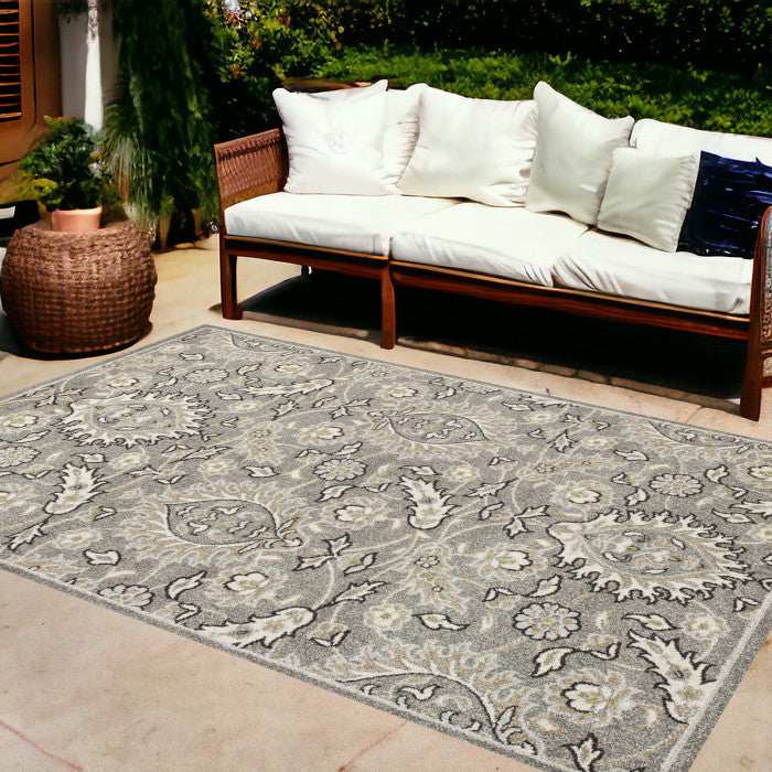 8' X 11' Gray Damask Indoor Outdoor Area Rug - Homeroots - Flyclothing LLC