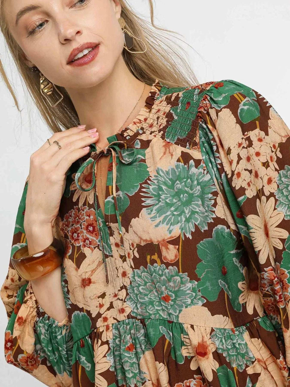 Umgee Mix Floral Peplum Blouse with Tie Neck - Trendsi - Flyclothing LLC
