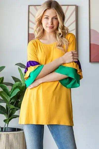 Heimish Full Size Round Neck Color Block Ruffled Half Sleeve Top Plus Size - Trendsi - Flyclothing LLC