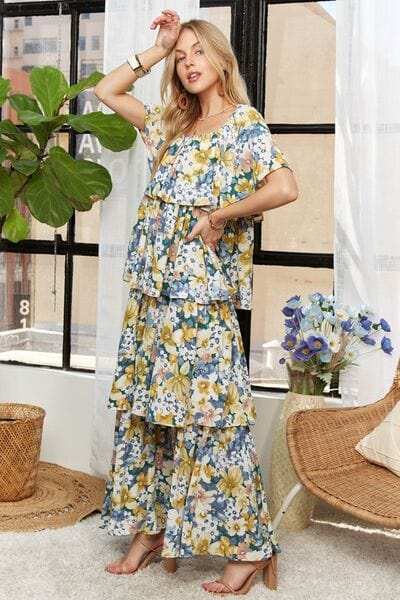 ADORA Layered Floral Off-Shoulder Short Sleeve Maxi Dress - Trendsi - Flyclothing LLC