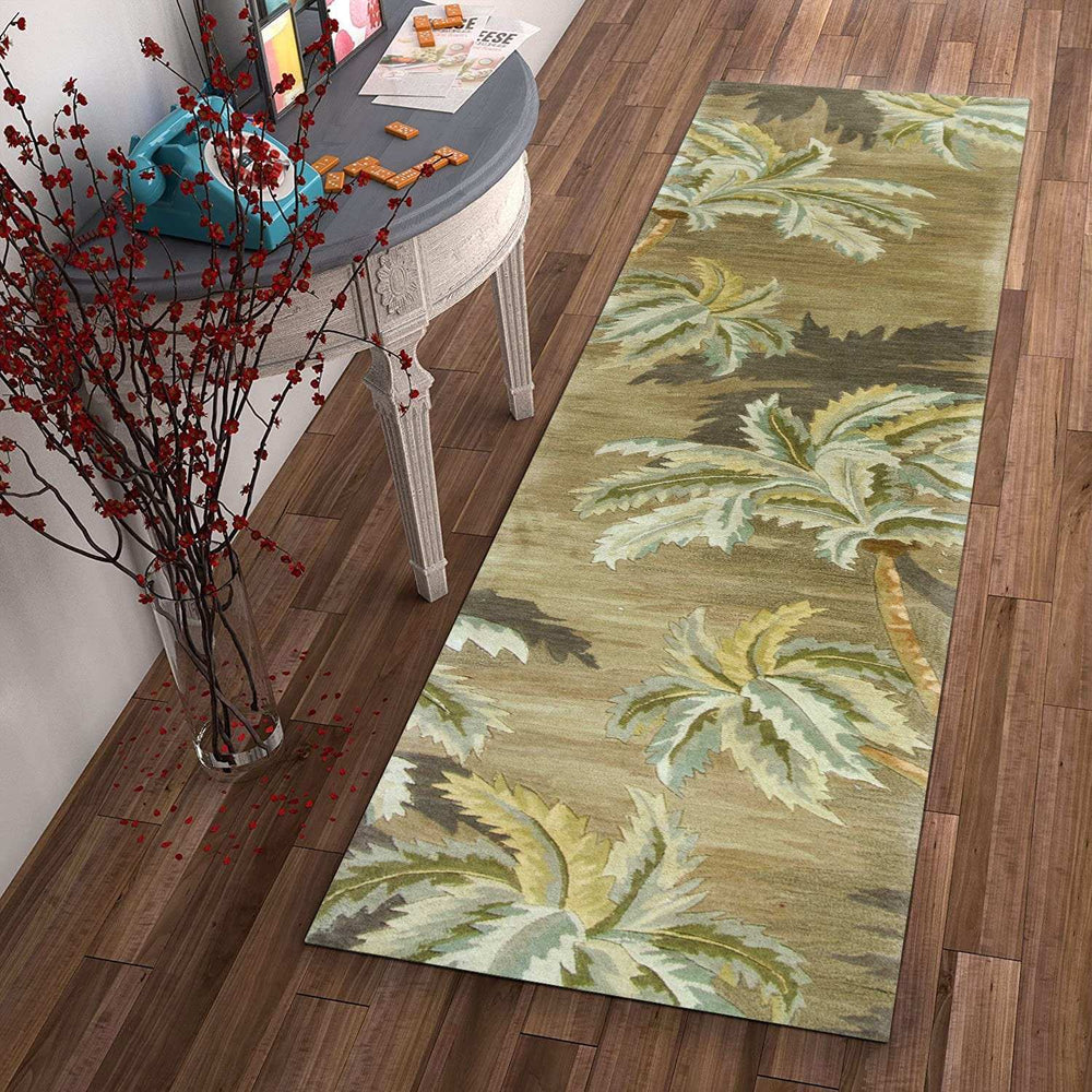 10' Moss Green Hand Tufted Tropical Trees Indoor Runner Rug - Homeroots - Flyclothing LLC
