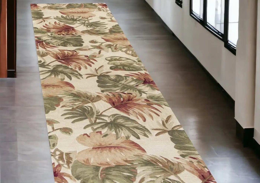 2' X 10' Beige Palm Leaves Wool Indoor Runner Rug - Homeroots - Flyclothing LLC