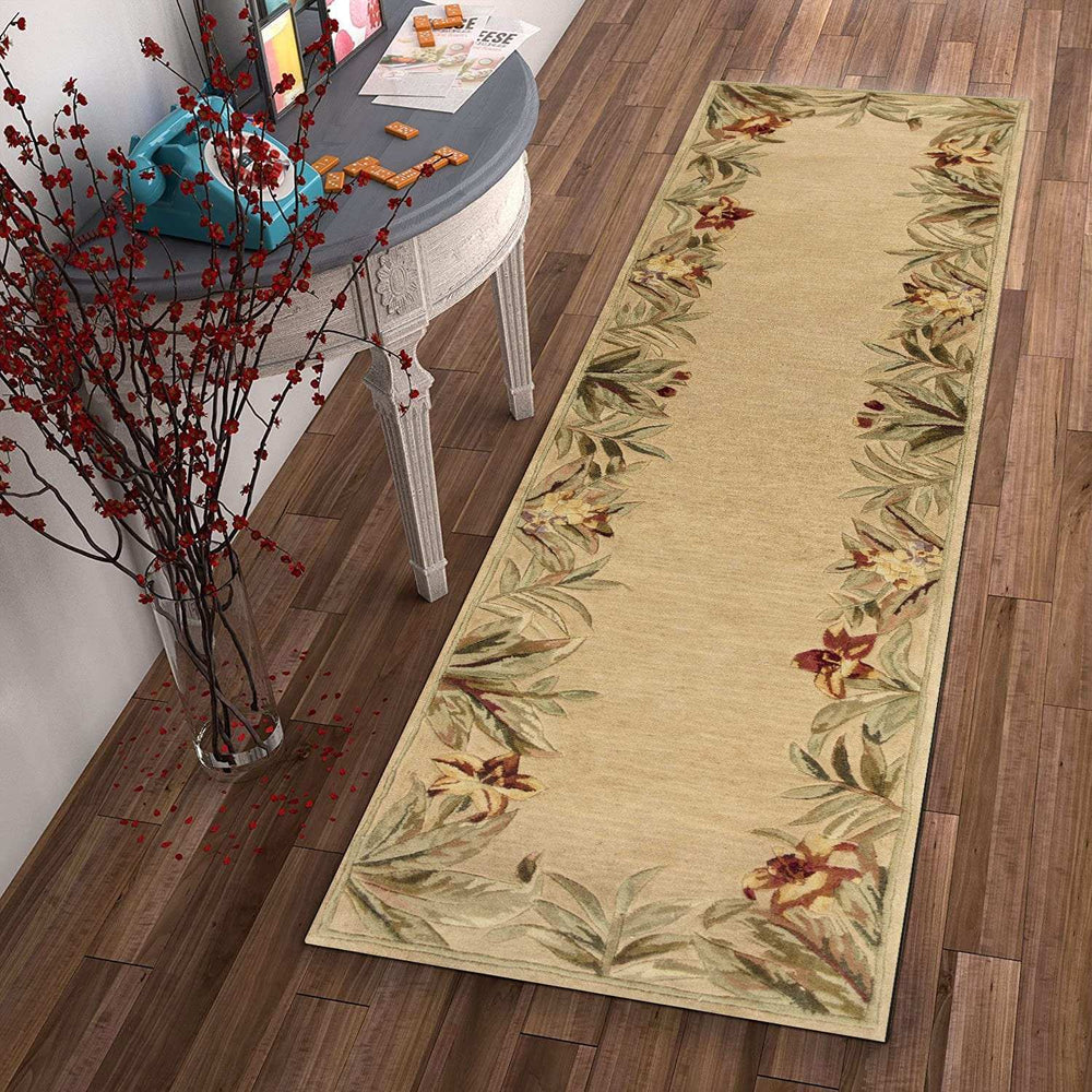 10' Ivory Hand Tufted Bordered Tropical Plants Indoor Runner Rug - Homeroots - Flyclothing LLC