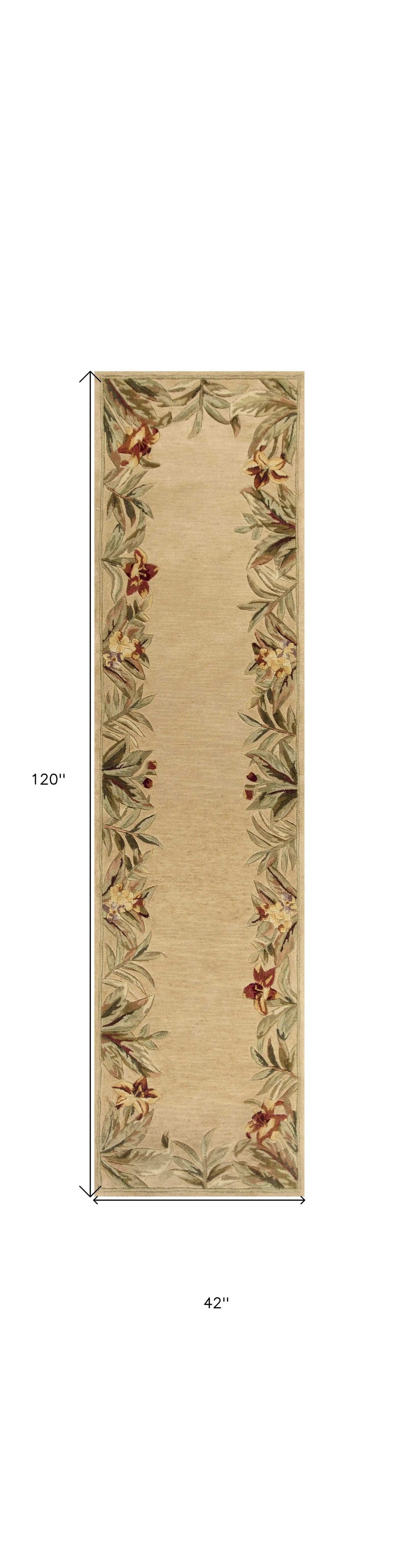 10' Ivory Hand Tufted Bordered Tropical Plants Indoor Runner Rug - Homeroots - Flyclothing LLC