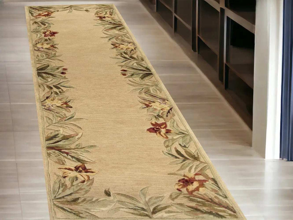 10' Ivory Hand Tufted Bordered Tropical Plants Indoor Runner Rug - Homeroots - Flyclothing LLC