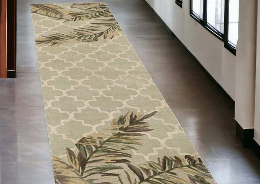 2' X 10' Sage Tropical Leaves Mosaic Wool Indoor Runner Rug - Homeroots - Flyclothing LLC