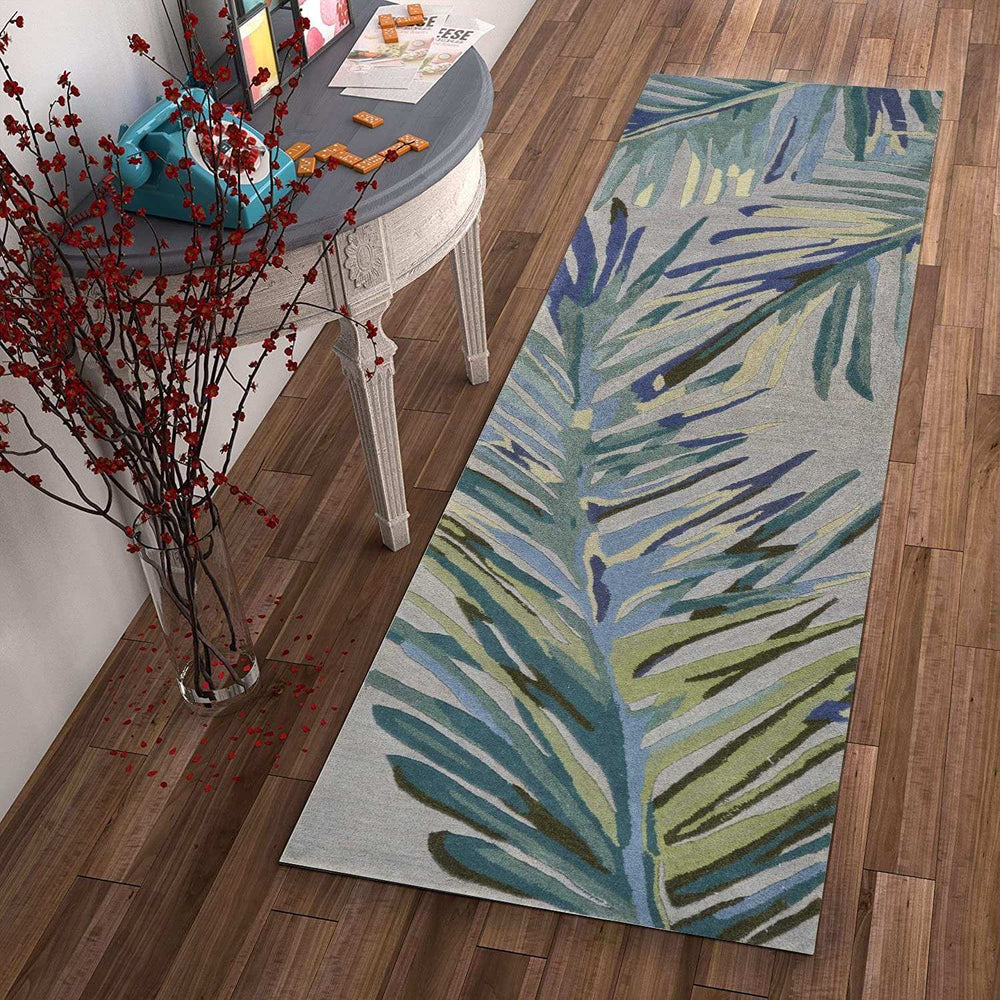 2' X 10' Grey Or Blue Tropical Leaves Wool Indoor Runner Rug - Homeroots - Flyclothing LLC