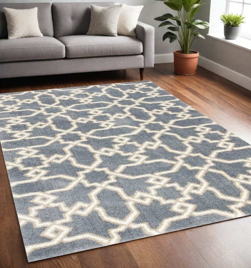 5' X 8' Slate Blue Geometric Pattern Microfiber Indoor Area Rug - Homeroots - Flyclothing LLC