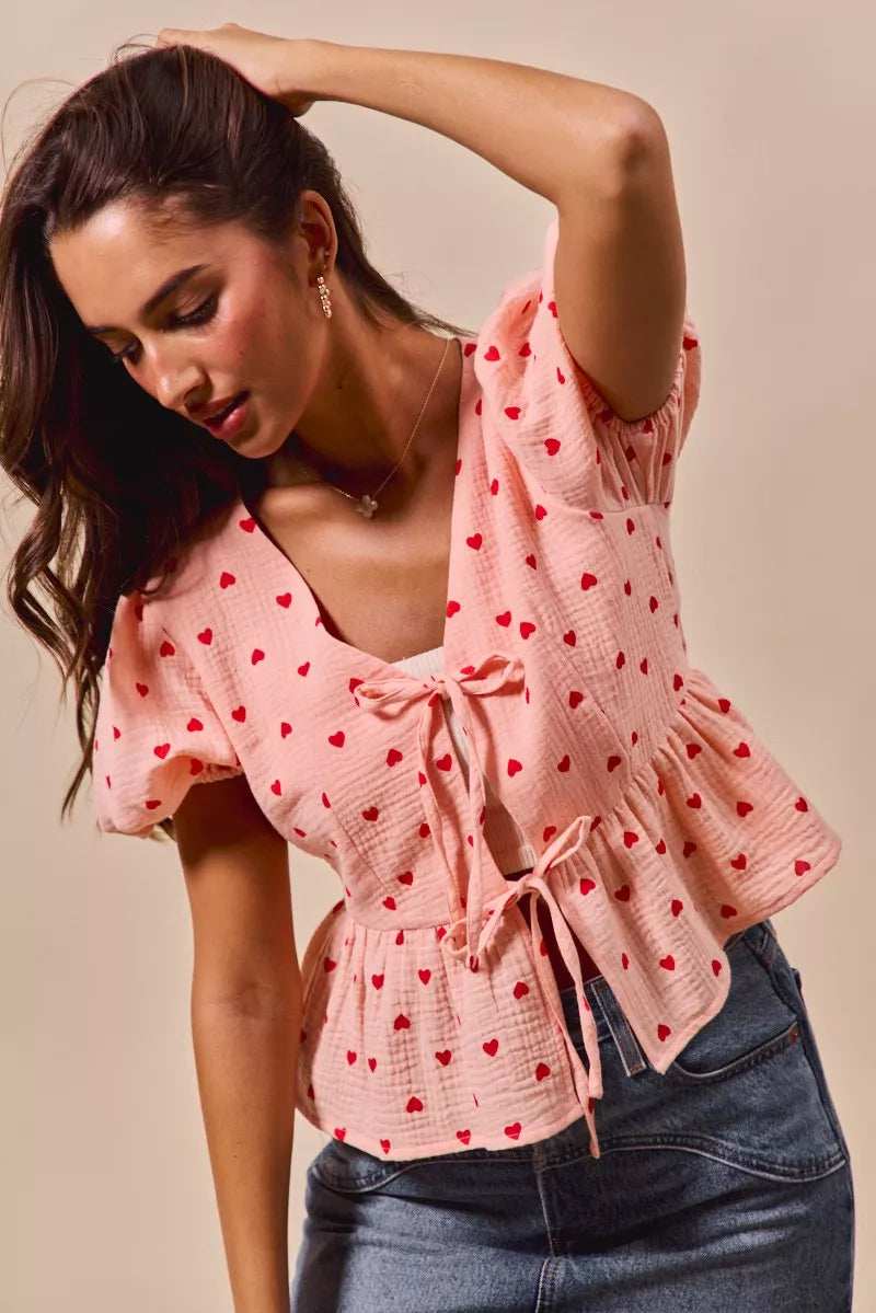 SO ME All Over Heart Ribbon Tie Baby Doll Valentine Blouse - Trendsi - Flyclothing LLC