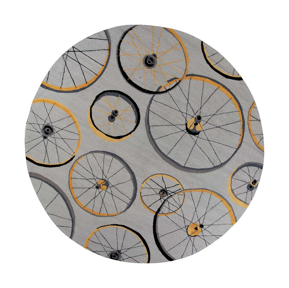 8' Grey Hand Hooked Wheels Round Indoor Area Rug - Homeroots - Flyclothing LLC