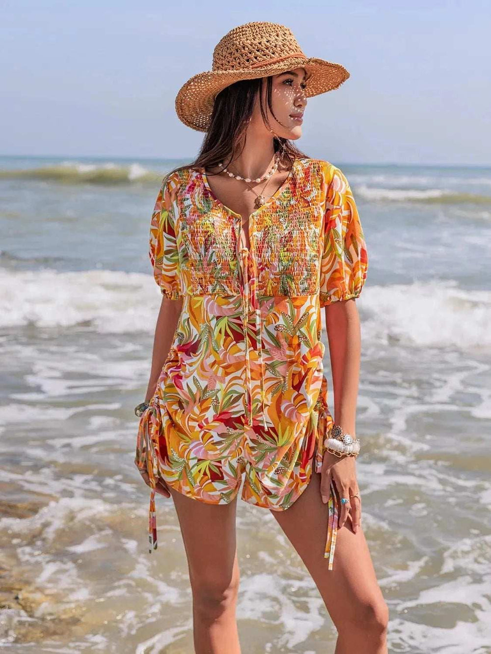 Smocked Printed Tie Neck Romper - Trendsi - Flyclothing LLC