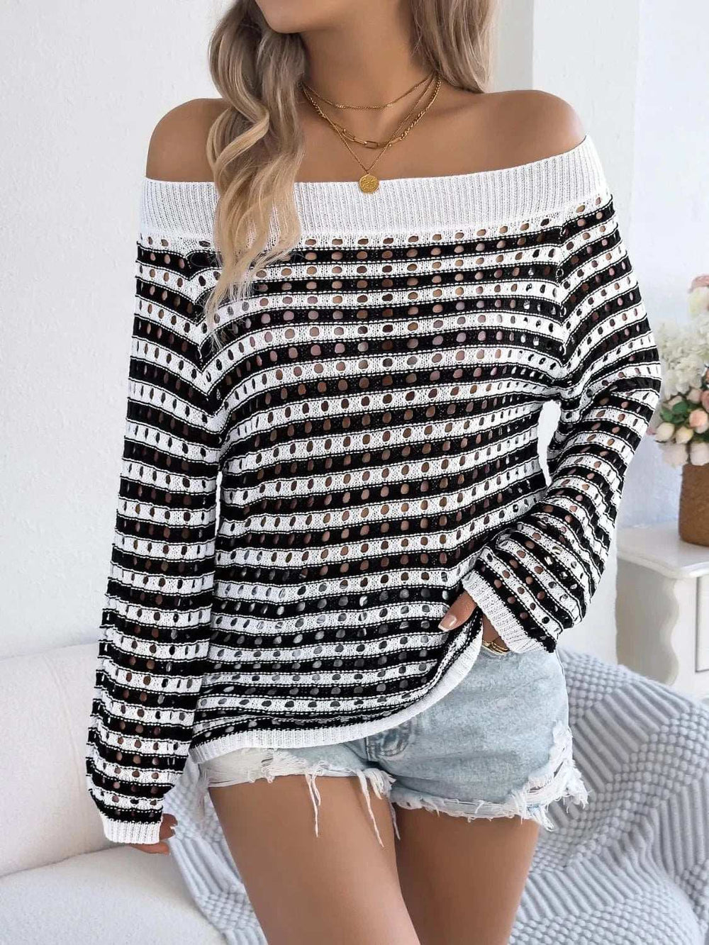 Openwork Striped Off-Shoulder Knit Top - Trendsi - Flyclothing LLC