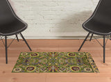 2' X 3' Green Taupe Machine Woven Floral Traditional Indoor Accent Rug - Homeroots - Flyclothing LLC
