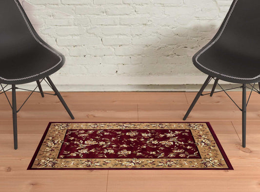 2' X 3' Red Beige Machine Woven Floral Traditional Indoor Accent Rug - Homeroots - Flyclothing LLC