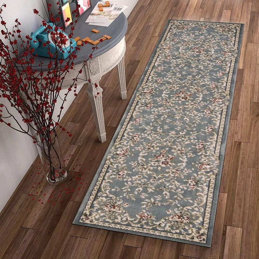 8' Slate Blue Bordered Floral Indoor Runner Rug - Homeroots - Flyclothing LLC