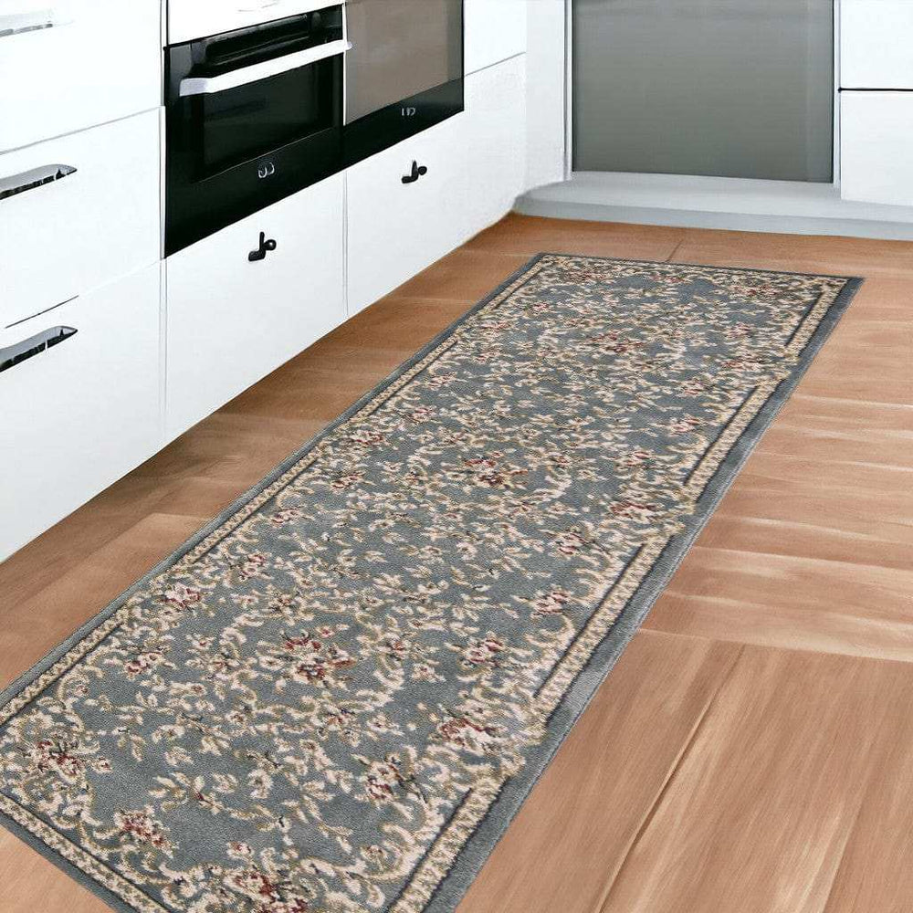 8' Slate Blue Bordered Floral Indoor Runner Rug - Homeroots - Flyclothing LLC