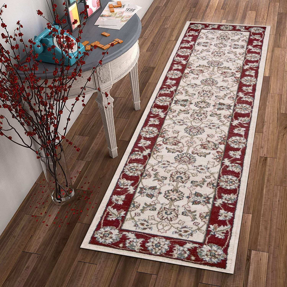 8' Ivory Red Bordered Floral Indoor Runner Rug - Homeroots - Flyclothing LLC