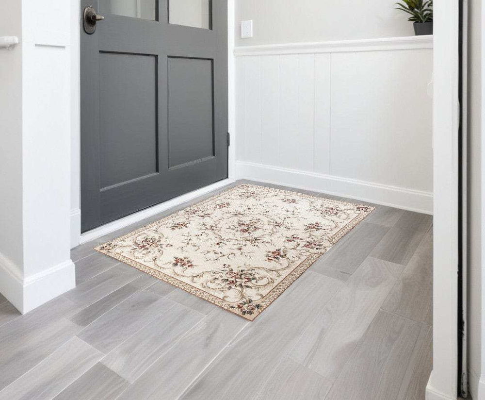 3' X 5' Ivory Bordered Floral Indoor Area Rug - Homeroots - Flyclothing LLC