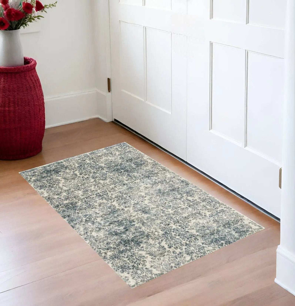 2' X 4' Ivory and Blue Damask Area Rug - Homeroots - Flyclothing LLC