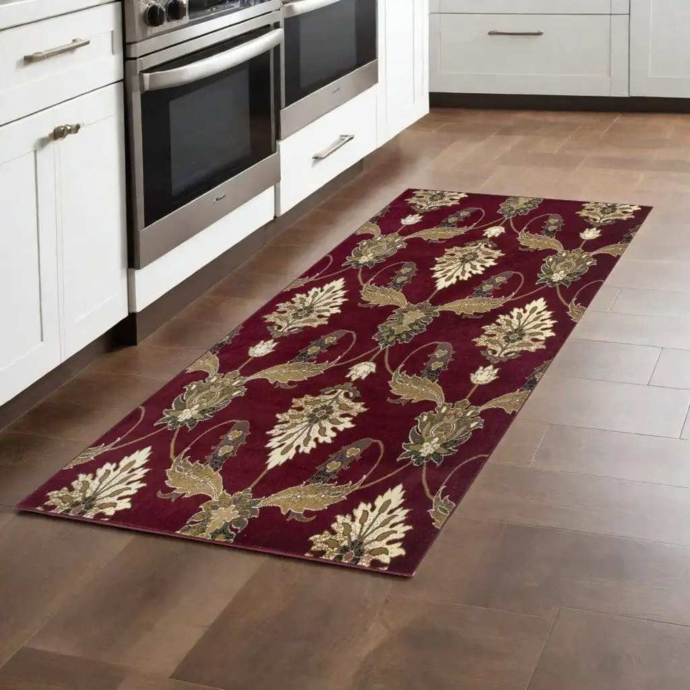 8' Red and Ivory Floral Runner Rug - Homeroots - Flyclothing LLC