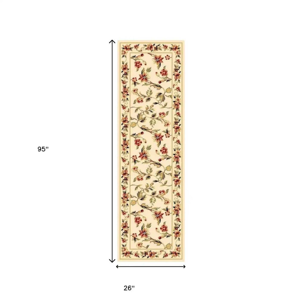 8' Ivory Green and Red Floral Vines Runner Rug - Homeroots - Flyclothing LLC