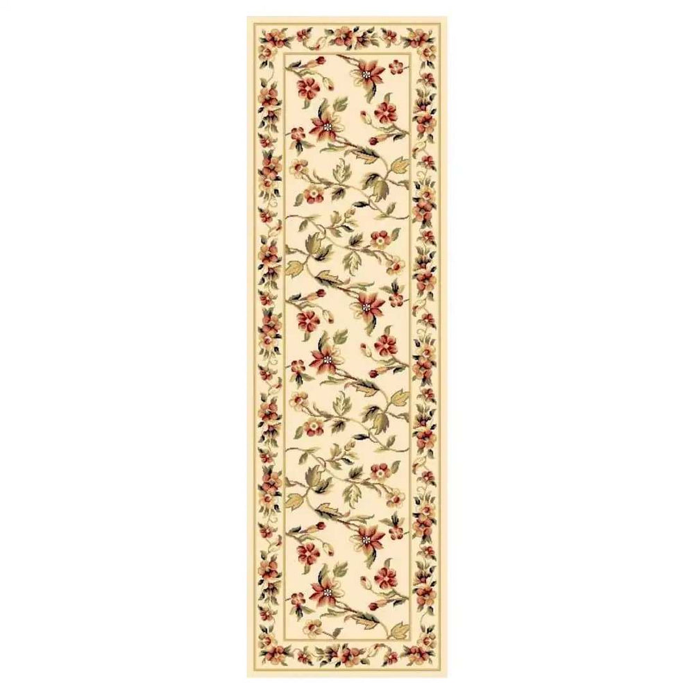 8' Ivory Green and Red Floral Vines Runner Rug - Homeroots - Flyclothing LLC