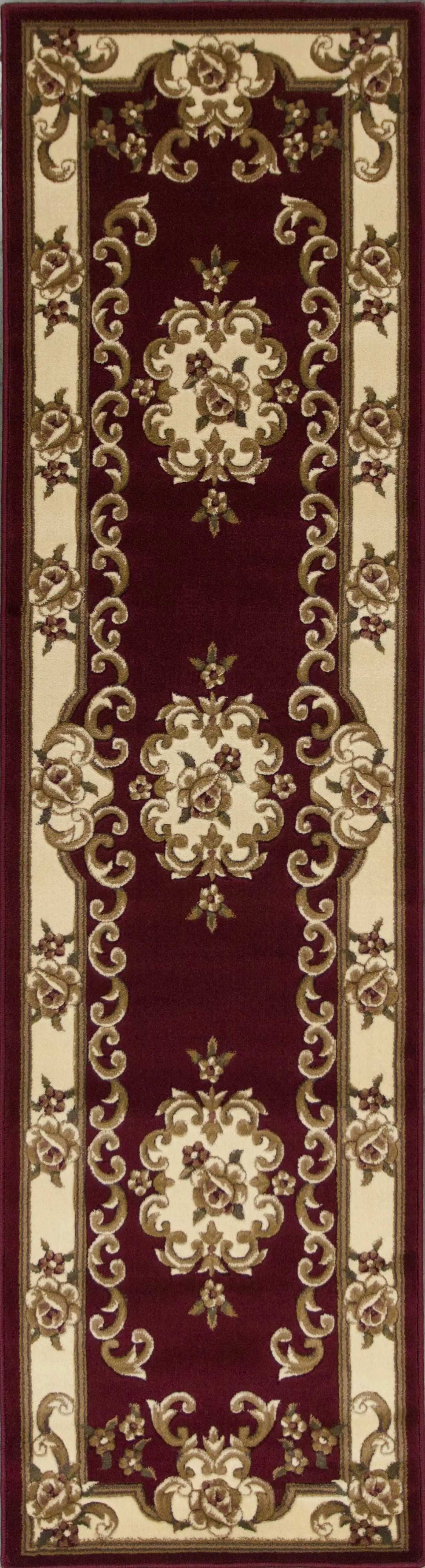 8' Red and Ivory Floral Border Runner Rug - Homeroots - Flyclothing LLC