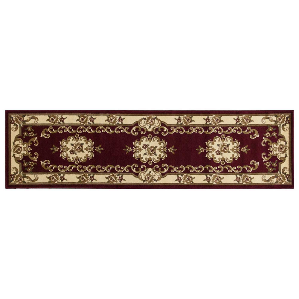 8' Red and Ivory Floral Border Runner Rug - Homeroots - Flyclothing LLC