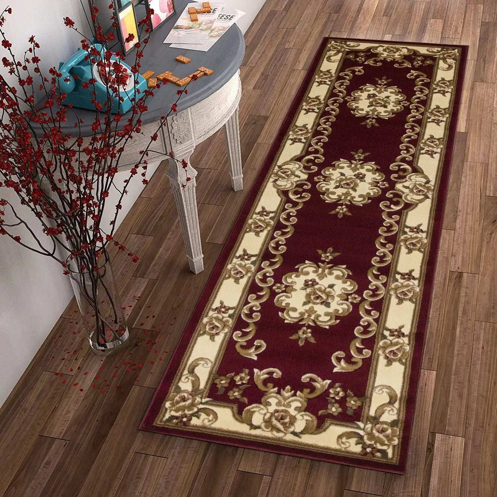 8' Red and Ivory Floral Border Runner Rug - Homeroots - Flyclothing LLC
