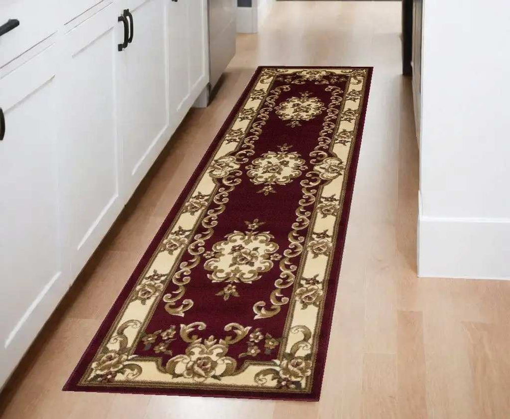 8' Red and Ivory Floral Border Runner Rug - Homeroots - Flyclothing LLC