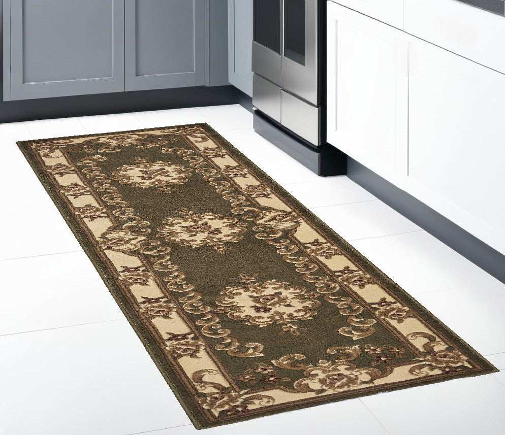 8' Green and Ivory Medallion Runner Rug - Homeroots - Flyclothing LLC